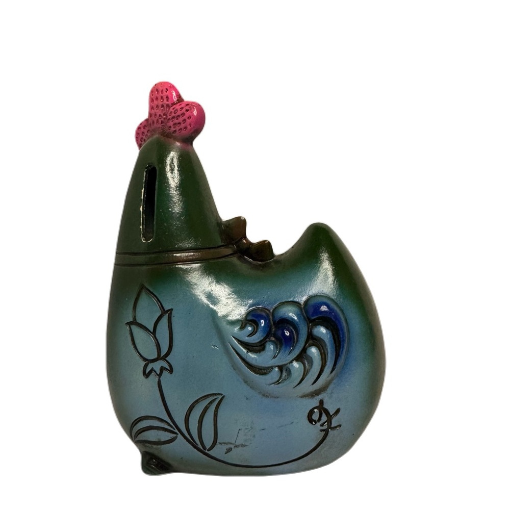 Chicken Feed Vintage Funky Whimsical Hen Chicken Coin Bank Bow Flowers 6.5” Tall - Picture 4 of 12